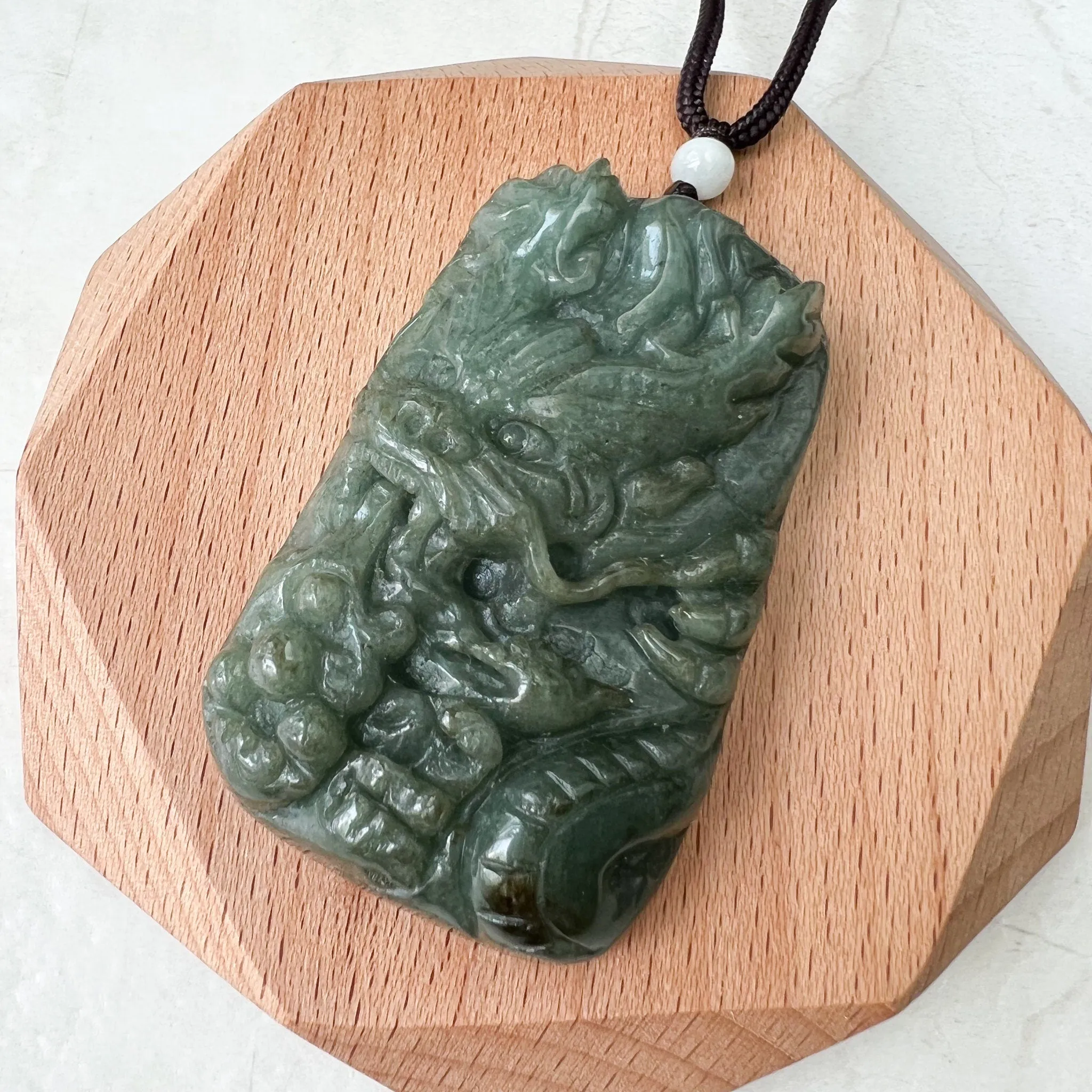 Large Jadeite Green Jade Dragon Chinese Zodiac Hand Carved Pendant Necklace, YJ-0322-0355301