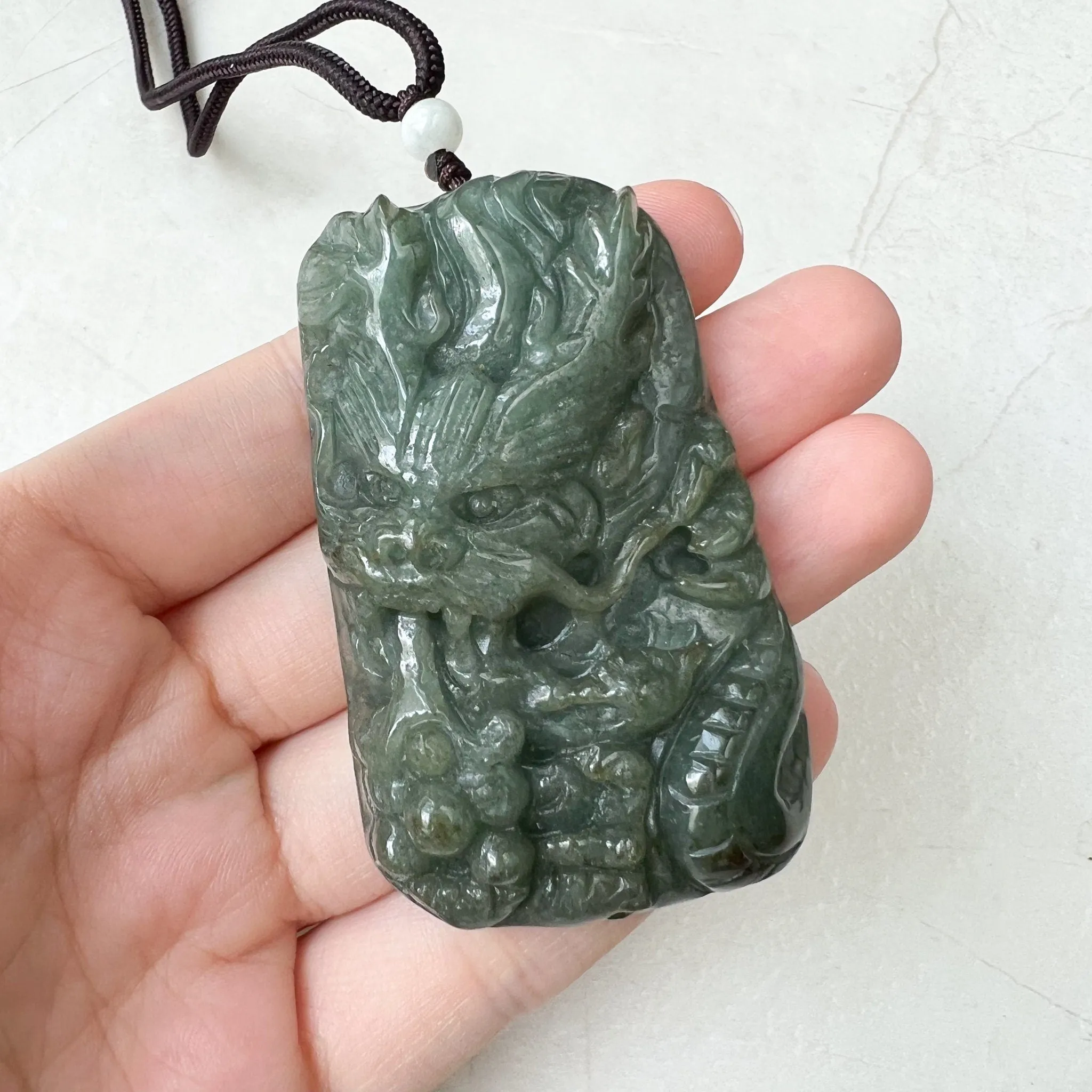 Large Jadeite Green Jade Dragon Chinese Zodiac Hand Carved Pendant Necklace, YJ-0322-0355301