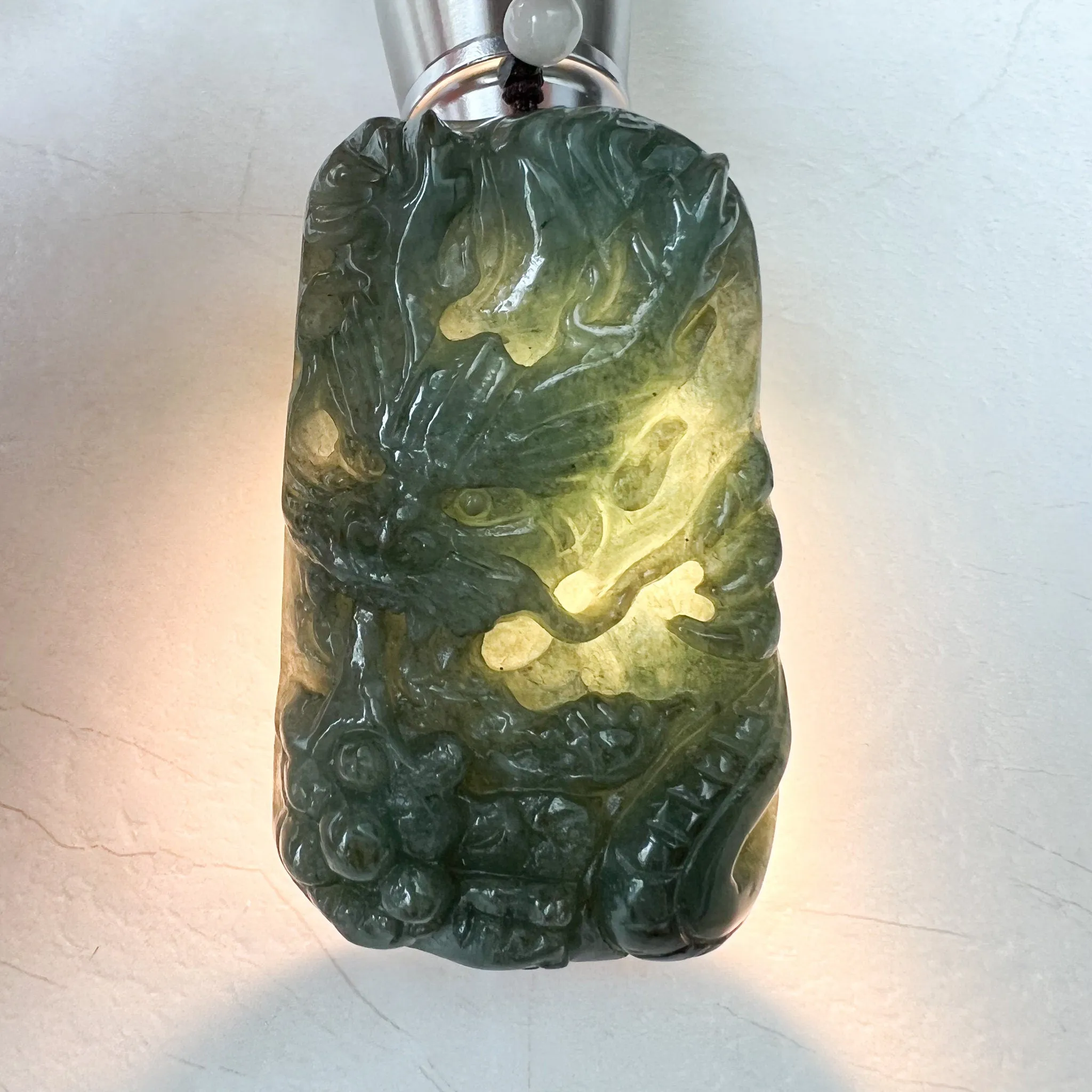 Large Jadeite Green Jade Dragon Chinese Zodiac Hand Carved Pendant Necklace, YJ-0322-0355301