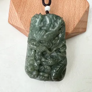 Large Jadeite Green Jade Dragon Chinese Zodiac Hand Carved Pendant Necklace, YJ-0322-0355301