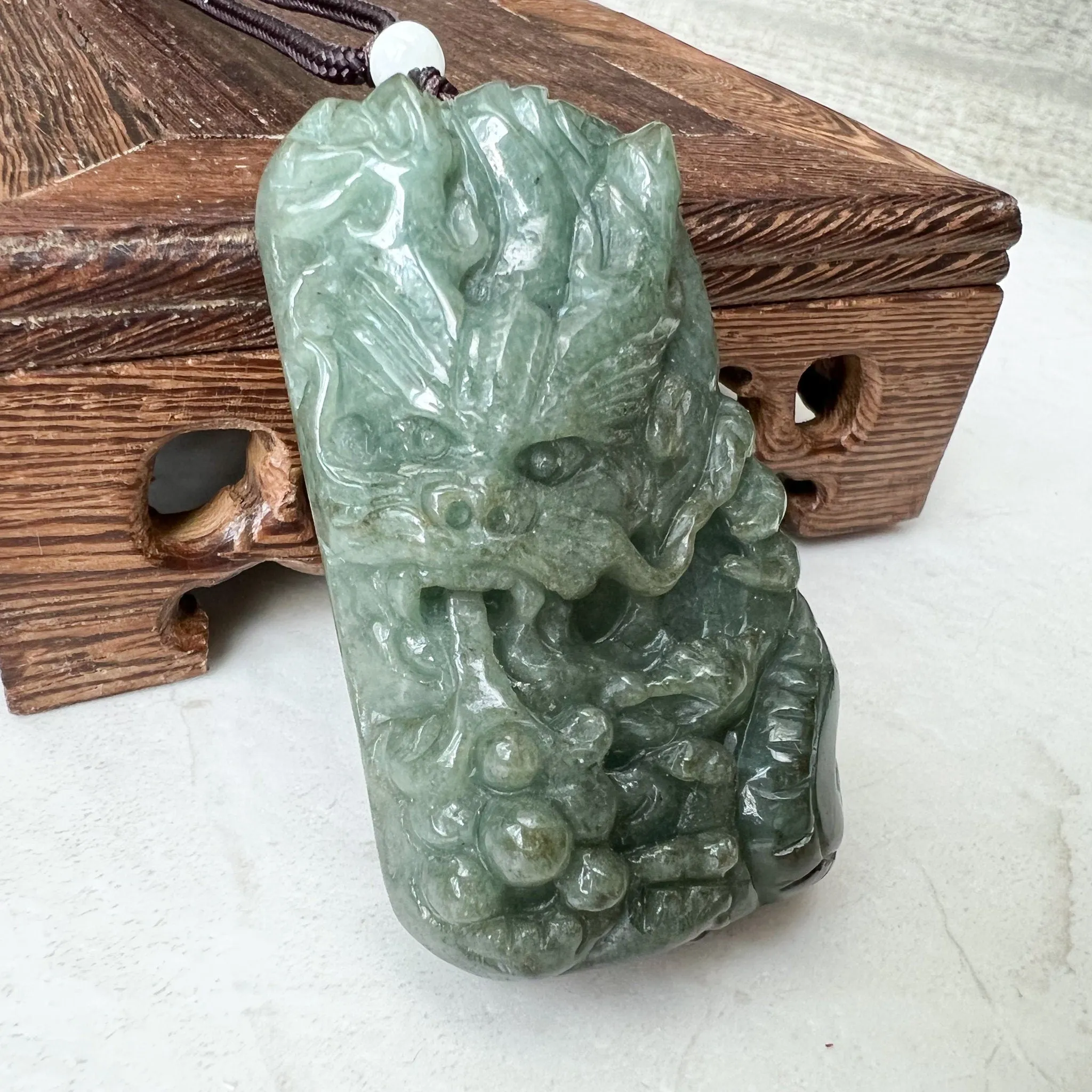 Large Jadeite Green Jade Dragon Chinese Zodiac Hand Carved Pendant Necklace, YJ-0322-0355301