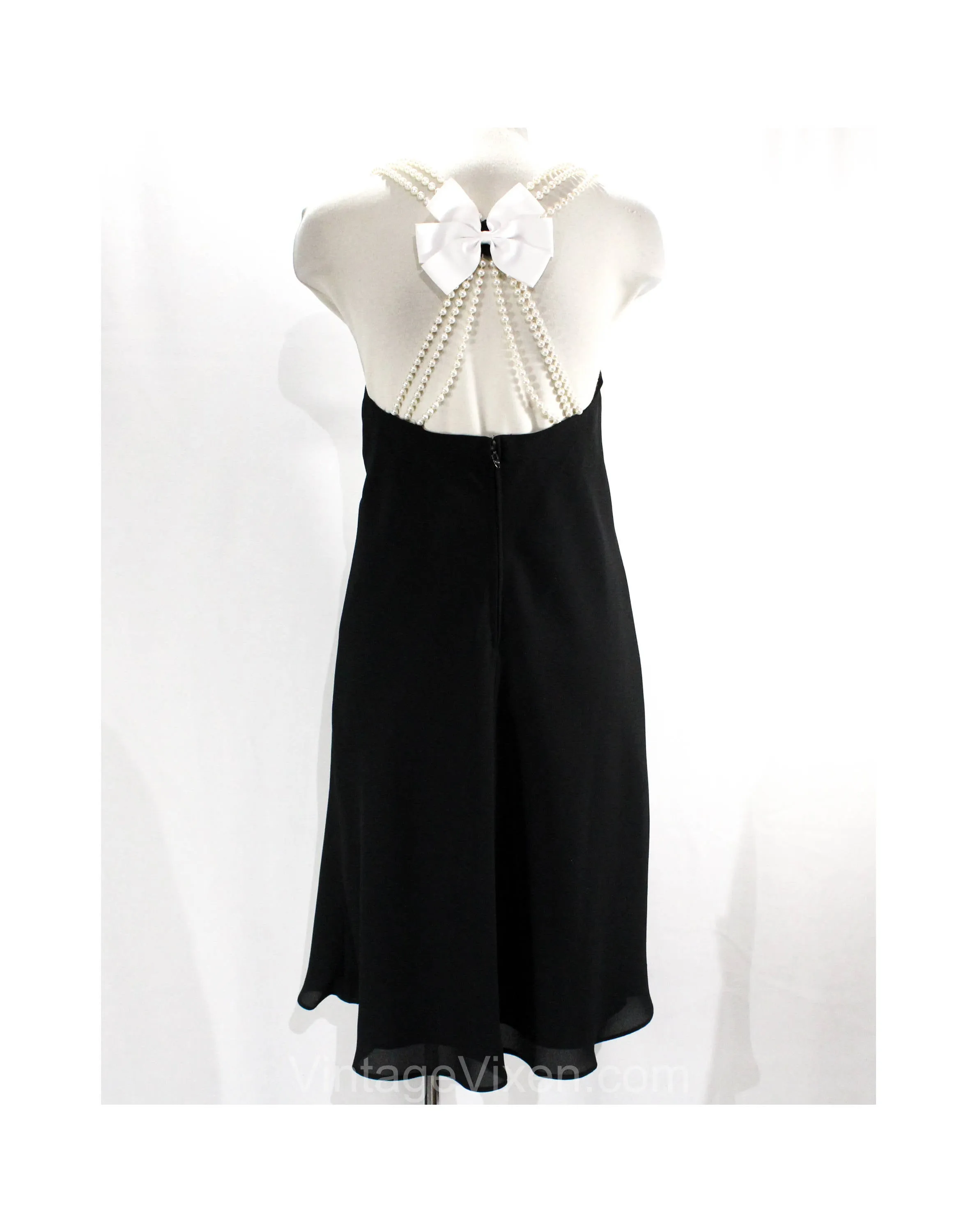 Size 6 1990s Black Dress - Small 90s Cocktail Party Dress with Strings of Pearls - Sleeveless 90's Deadstock - 242 Original Price - Bust 34