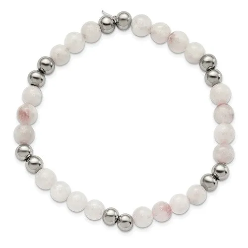 Stainless Steel Polished White Moonstone Beaded Stretch Bracelet
