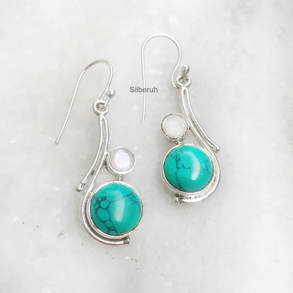 Turquoise & Rainbow Moonstone Silver Earring