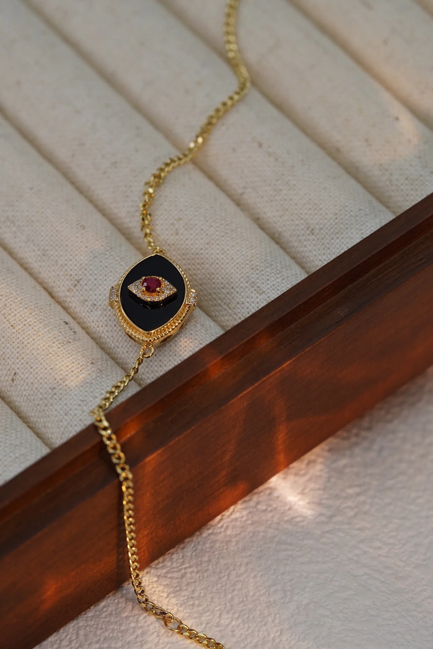 Vintage 18K Solid Gold Natural Ruby ,Diamond and Onyx Evil Eye Bracelet