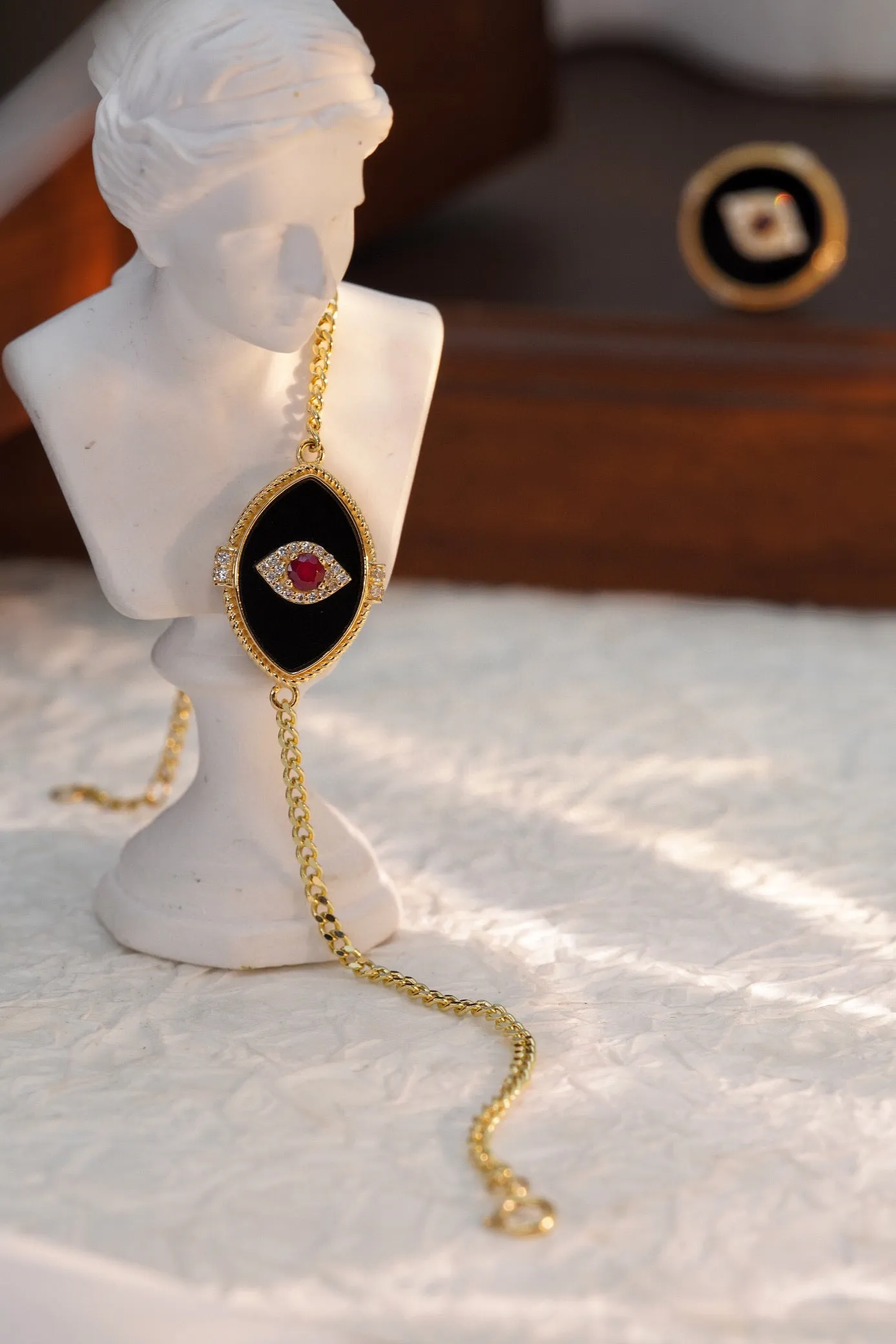 Vintage 18K Solid Gold Natural Ruby ,Diamond and Onyx Evil Eye Bracelet