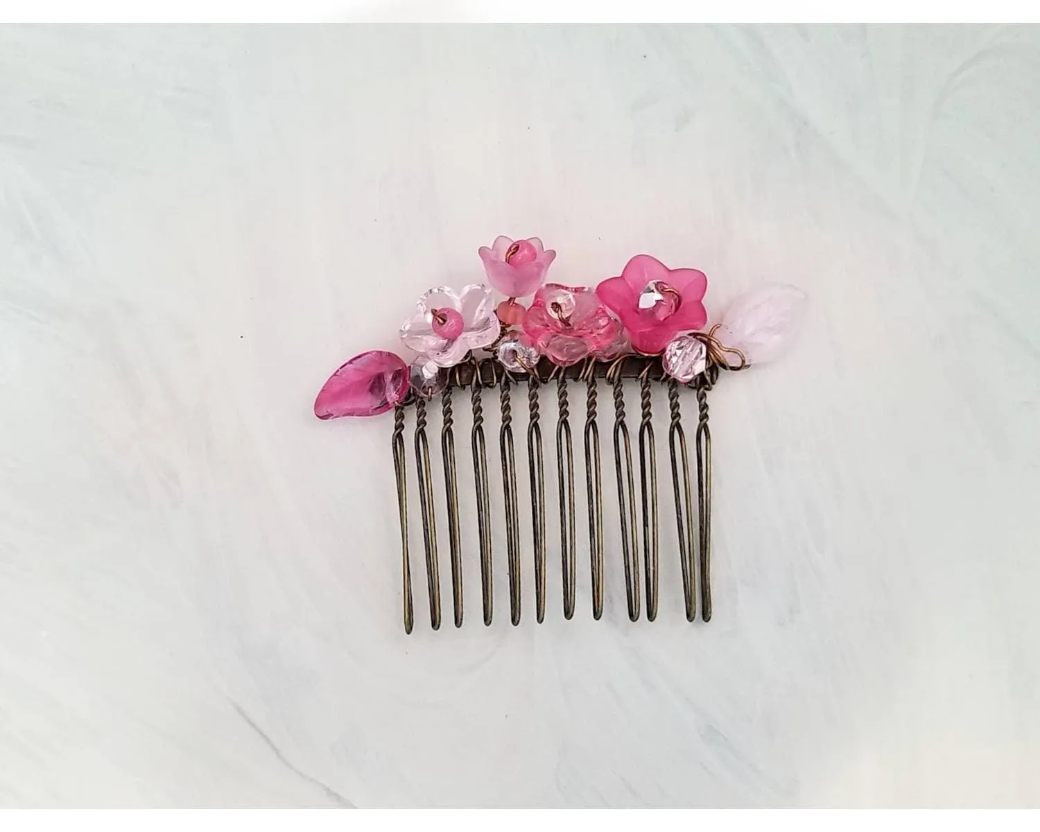 Wire Wrapped Lucite Flower Comb in Pink, Bridesmaid, Wedding, Floral, Garden, Party, Boho, Bohemian, Choice of Colors and Metals