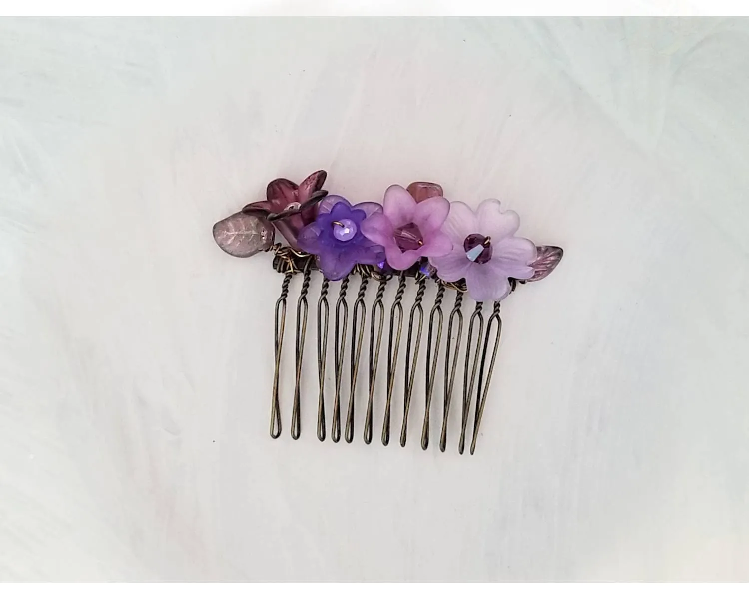 Wire Wrapped Lucite Flower Comb in Purple, Bridesmaid, Wedding, Floral, Garden, Party, Boho, Bohemian, Choice of Colors and Metals