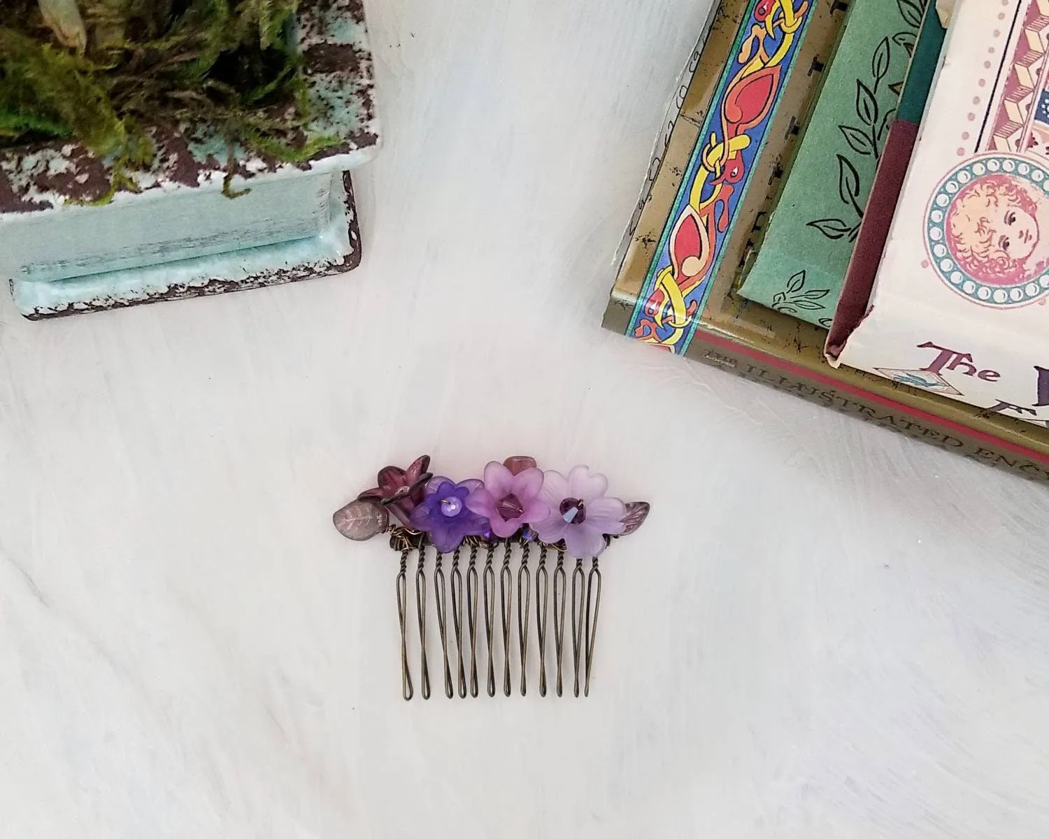 Wire Wrapped Lucite Flower Comb in Purple, Bridesmaid, Wedding, Floral, Garden, Party, Boho, Bohemian, Choice of Colors and Metals