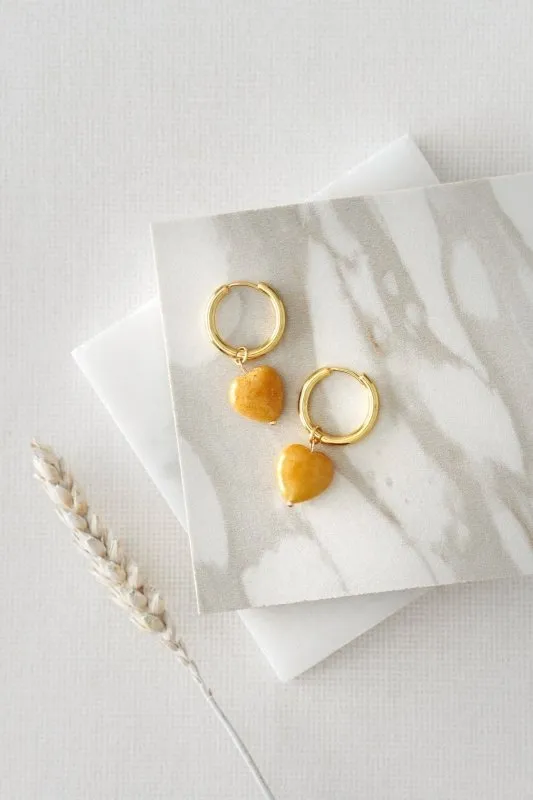 Xander Kostroma Yellow Jade Heart Hoop Earrings – 925 Sterling Silver Hoops with Yellow Jade Crystals – Healing Crystal Jewelry for Confidence & Abundance – Boho-Inspired Earrings for Women